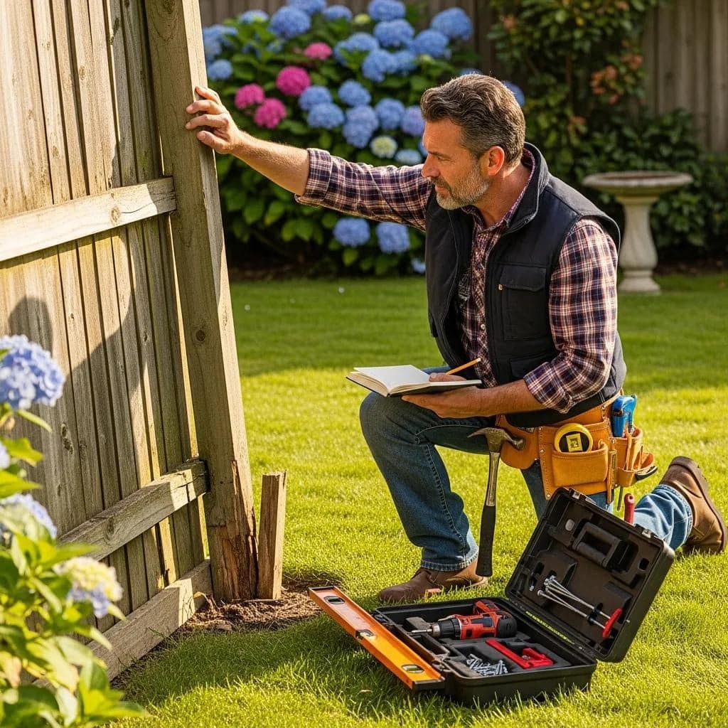 Contractor inspecting a damaged fence for repair in a residential backyard Premier Fence Installation & Repair Services in North Massachusetts & Southern New Hampshire